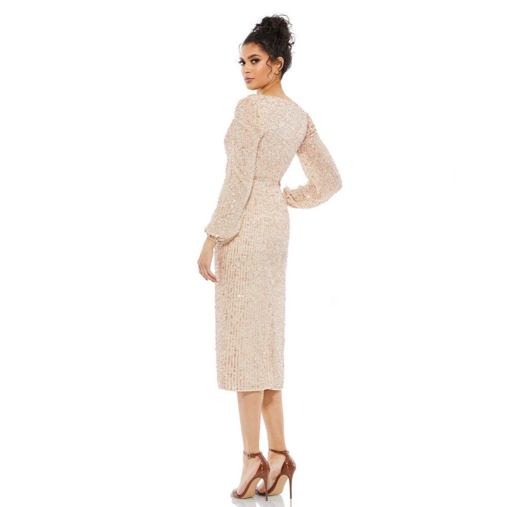 NWT Mac Duggal 10764 Sequin Long Sleeve Cocktail Midi Dress SZ 4 Nude - Picture 4 of 9